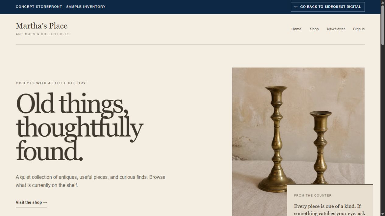 Martha’s Place antiques storefront home page